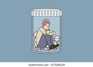 Unhappy man sitting in bottle with medicines suffer from depression or nervous breakdown. Upset stressed male struggle with drug and medication addiction. Vector illustration. 