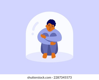 Unhappy man sitting hugging knees under real or imagined glass dome. Mental disorder, male depression, adolescent loneliness. Upset boy in psychological trapped, cage. Void vacuum vector illustration