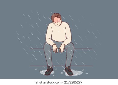 Unhappy man sitting on bench under rain feeling depressed and lonely. Sad male suffer from depression or mental problems. Stress and solitude. Vector illustration. 