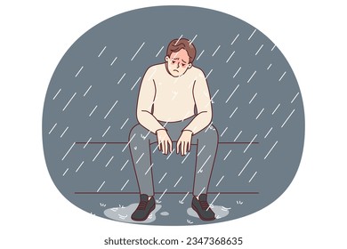 Unhappy man sitting on bench under rain feeling depressed and lonely. Sad male suffer from depression or mental problems. Stress and solitude. Vector illustration.