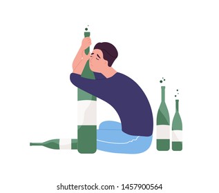 Unhappy man sitting on floor and hugging bottle.Young guy with alcohol addiction isolated on white background. Alcoholic, dipsomaniac, boozer or drinker. Flat cartoon colorful vector illustration.