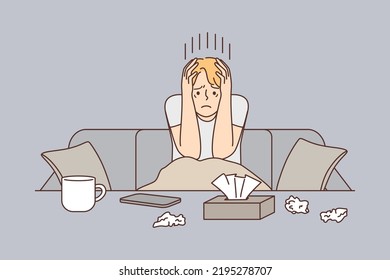 Unhappy man sitting on sofa feeling stressed crying after breakup or split. Upset male suffer from depression or anxiety at home. Vector illustration. 