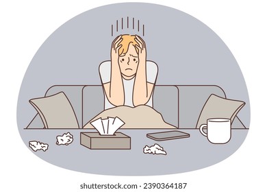 Hombre infeliz sentado en el sofá, con ganas de llorar después de la ruptura o la división. Los hombres insatisfechos sufren depresión o ansiedad en sus hogares. Ilustración vectorial.