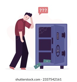Unhappy man standing near empty open safe. Vault without money, bankruptcy. Bad money and risk management leads to big losses. Loser businessman or investor lost all his savings. vector illustration