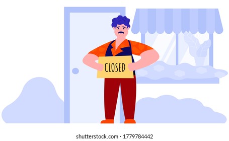 Unhappy man is staying near the closed door. Store shop or cafe is bankrupt and closed.