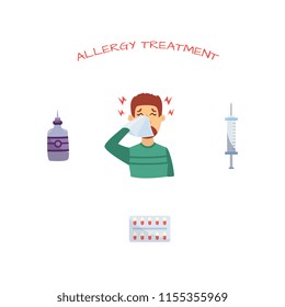 Unhappy man suffering from rhinitis and allergy holding napkin and remedy and treatments set - pills blister, syringe and nasal spray. Sick male character, unwell person with disease. Vector