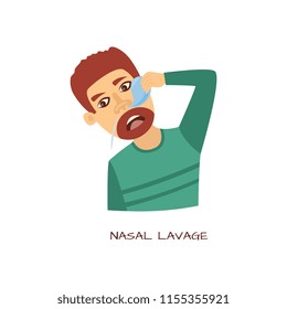 Unhappy man suffering from runny nose, rhinitis doing nasal lavage. Sick male character with allergy. Unwell person with disease. Vector illustration.