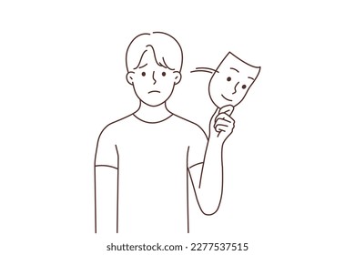 Unhappy man take off smiling mask show true self suffer from depression. Upset guy struggle with mood swing and bipolar disorder, pretend someone else. Vector illustration.
