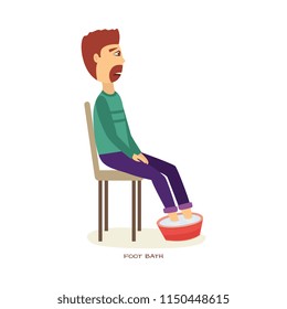 Unhappy man with temperature and fever making foot bath icon. Sick male character with cold and flu. Unwell person with disease. Vector illustration.