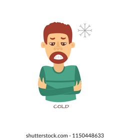 Hombre infeliz con temperatura y fiebre tratando de calentarse cerca del icono del copo de nieve. Carácter masculino enfermo con frío y gripe. Persona enferma con enfermedad. Ilustración vectorial.