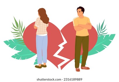 La infeliz pareja de hombres y mujeres que tienen conflictos por separado sobre el corazón roto en el fondo. Divorcio, crisis y mala relación en la ilustración del vector familiar