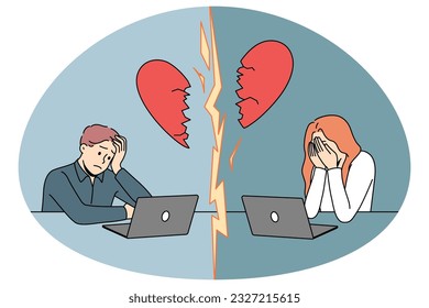 Unhappy man and woman dating online end relationship. Sad couple have breakup or misunderstanding talking on internet. Vector illustration.