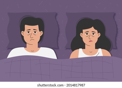 An unhappy man and a woman are lying in bed. The crisis of married life, problems between husband and wife.