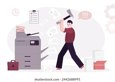 Unhappy manager holds hammer and wants to break office equipment. Tired office worker near copy machine, to much paperwork, burnout, many tasks. Employee on printer doing paper work. Copier operator.
