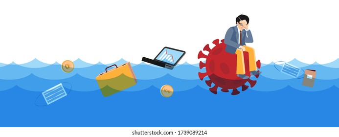 Unhappy manager sails on virus symbol in deep water. Businessman in stress. Business drowning, ask to help, support at crisis. Cartoon concept problem bankruptcy, pandemic effect. Global finance risk