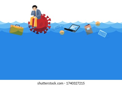 Unhappy manager sails on virus symbol in deep water. Businessman in stress. Business drowning, ask to help, support at crisis. Cartoon concept problem bankruptcy, pandemic effect. Global finance risk