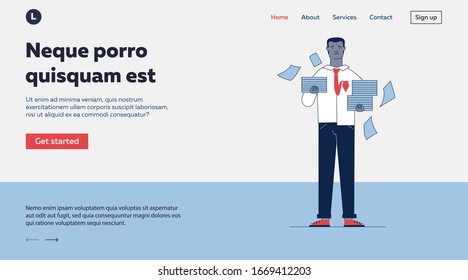Unhappy manager with stacks of papers. Office worker holding heaps of documents flat vector illustration. Paperwork, bureaucracy concept for banner, website design or landing web page