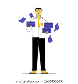Un director infeliz con montones de papeles. Trabajador de oficina que contiene montones de documentos ilustraciones vectoriales planas. Papeleo, concepto burocrático para banner, diseño de sitio web o página web de destino