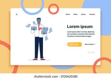 Unhappy manager with stacks of papers. Office worker holding heaps of documents flat vector illustration. Paperwork, bureaucracy concept for banner, website design or landing web page