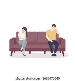 Unhappy married couple  sitting on sofa at home, flat vector illustration.