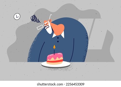 Unhappy mature grandfather feel lonely and depressed looking at birthday cake. Distressed elderly man celebrate birthday alone. Vector illustration. 