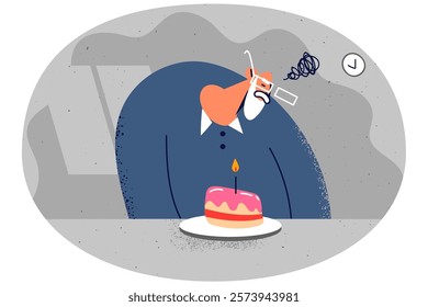 Unhappy mature grandfather feel lonely and depressed looking at birthday cake. Distressed elderly man celebrate birthday alone. Vector illustration.