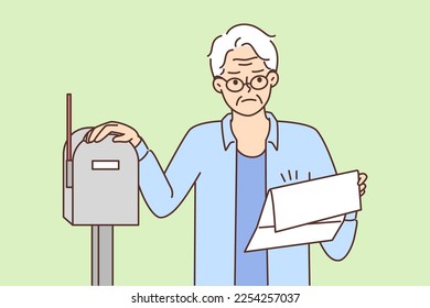 Unhappy mature man check mailbox dissatisfied with bad news in letter. Upset elderly grandfather frustrated with paper document in mail. Vector illustration. 