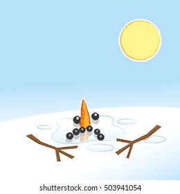 Unhappy Melting Snowman with Carrot Nose and Stick Arms in Pool of Water in the Hot Sunshine