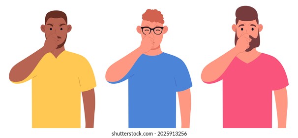 Unhappy men holding fingers on nose. Male people smelling something stinky and odor. Vector illustration.