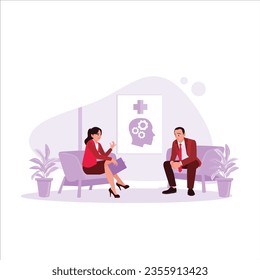 An unhappy middle-aged man consults a psychotherapist at a mental health clinic. The psychotherapist takes notes during the conversation. Mental health concept. Trend Modern vector flat illustration
