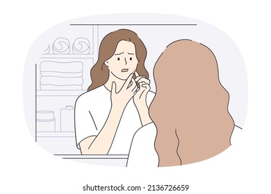 Unhappy millennial girl look in bathroom mirror stressed and pimple face  Upset distressed young woman stunned and acne blackhead  Skincare   facial treatment  Vector illustration  