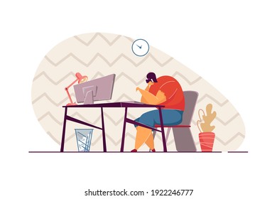 Unhappy millennial professional tired of her work or job, Exhausted freelance worker going through burnout. Vector illustration for tiredness, fatigue, low performer concept