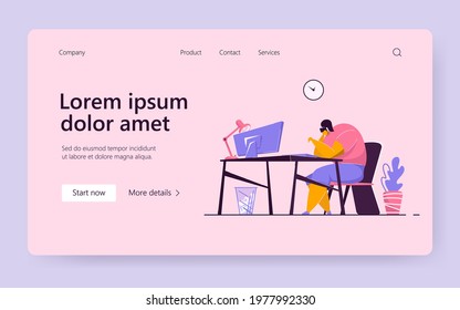 Unhappy millennial professional tired of her work or job, Exhausted freelance worker going through burnout. Vector illustration for tiredness, fatigue, low performer concept