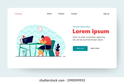 Unhappy millennial professional tired of her work or job, Exhausted freelance worker going through burnout. Vector illustration for tiredness, fatigue, low performer concept