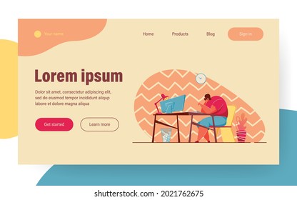 Unhappy millennial professional tired of her work or job, Exhausted freelance worker going through burnout. Vector illustration for tiredness, fatigue, low performer concept