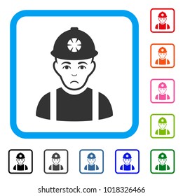 Unhappy Miner vector icon. Person face has depression emotions. Black, grey, green, blue, red, orange color versions of miner symbol in a rounded rectangular frame.
