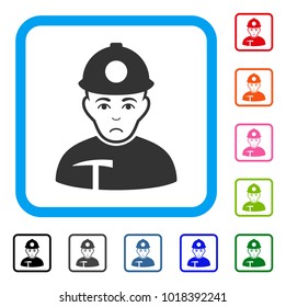Unhappy Miner vector pictograph. Human face has affliction sentiment. Black, gray, green, blue, red, orange color versions of miner symbol in a rounded rectangle.