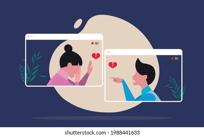 Unhappy moments - Illustration of a couple yelling and pointing at each other can only meet via video call, distance keeps them from meeting. Flat Vector illustration.