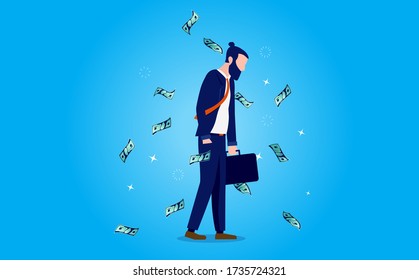 Unhappy money - Modern depressed man not happy with salary and income. Feeling down, no joy and money cant buy happiness concept. Vector illustration.