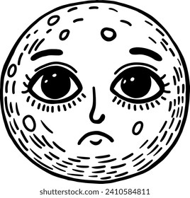 unhappy moon character isolated doodle cartoon hand drawn Y2K grunge outline vector illustration