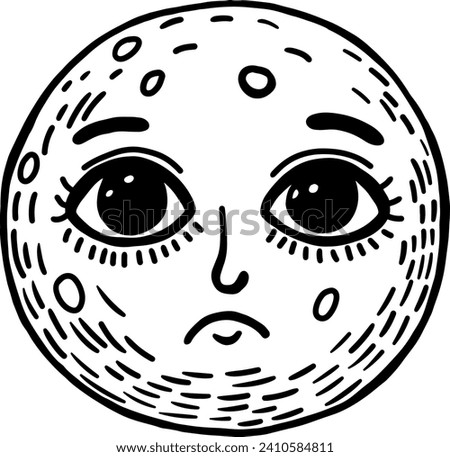 unhappy moon character isolated doodle cartoon hand drawn Y2K grunge outline vector illustration