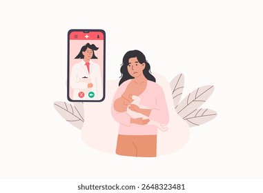 Unhappy mother using mobile app to consult with lactation consultant for breastfeeding and latch problems. Digital health support for new moms. Flat Style Vector Illustration.