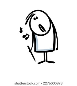 Unhappy musical artist holds a stick and look sad on notes. Vector illustration of poor musician and orchestra conductor. 