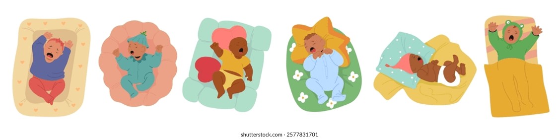 Unhappy newborn baby crying loudly screaming feeling stress or hungry lying in bed top view. Unhealthy and sick, exhausted and hungry, sleepy and neglected kids babysitting problem vector illustration