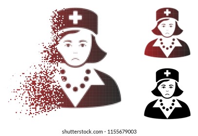 Unhappy nurse icon in fractured, pixelated halftone and undamaged whole variants. Fragments are arranged into vector sparkle nurse pictogram. Human face has problem emotions.