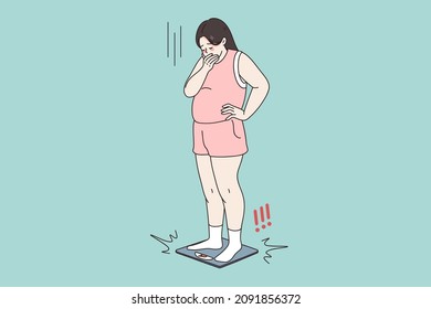 Unhappy obese woman stand on scales shocked by weight gain. Upset stressed fat girl frustrated by number on weigh. Overweight, obesity concept. Diet and healthy lifestyle. Vector illustration.  svg