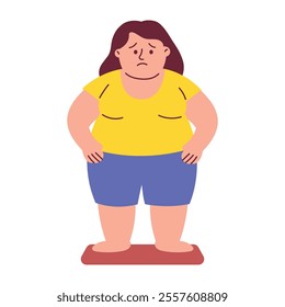 Unhappy Obese WomanStand on Scales, Frustrated, Depressed because her Weight