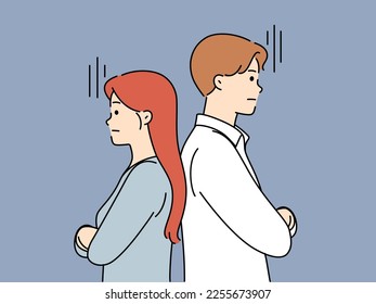 La pareja infeliz y ofendida que enfrenta la espalda sufre de problemas en las relaciones. Heridas hombre y mujer ignoran a los demás evitan hablar. Ilustración vectorial. 