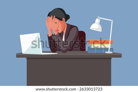 
Unhappy Office Worker Feeling Depressed Vector Illustration. Sad upset businesswoman feeling desperate and overworked 