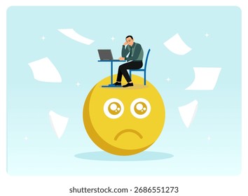 Trabalhadores de escritório infelizes estão ocupados trabalhando demais na frente de seus computadores. Os empresários estão estressados, deprimidos e queimados no trabalho.